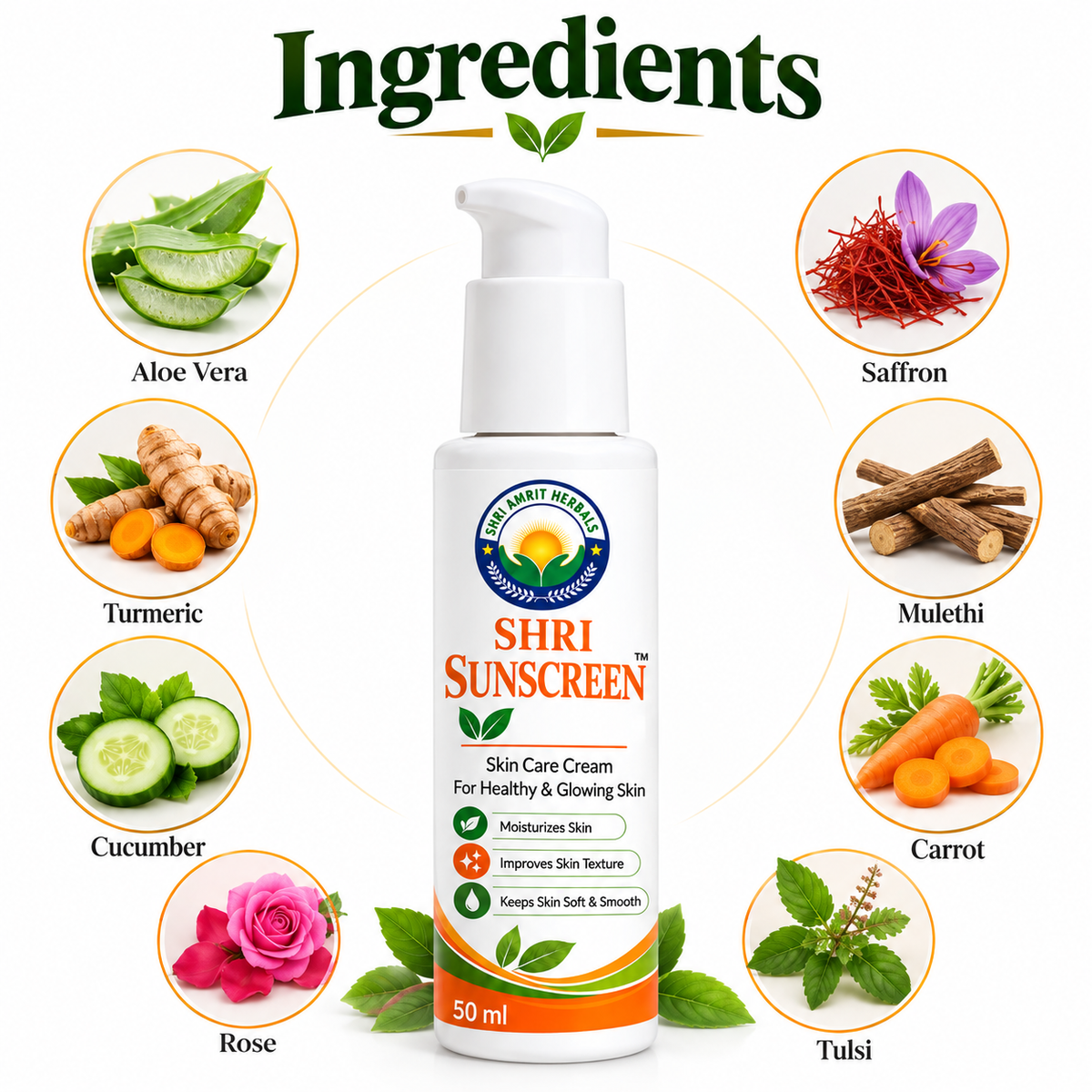 Shri Sunscreen Skin Care Cream for Healthy & Glowing Skin – 50 ml | Shri Amrit Herbals